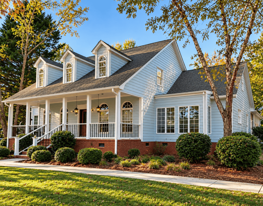 Light blue Cape Cod home with white trim and wraparound porch after exterior painting in Greenville, SC