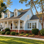 Light blue Cape Cod home with white trim and wraparound porch after exterior painting in Greenville, SC