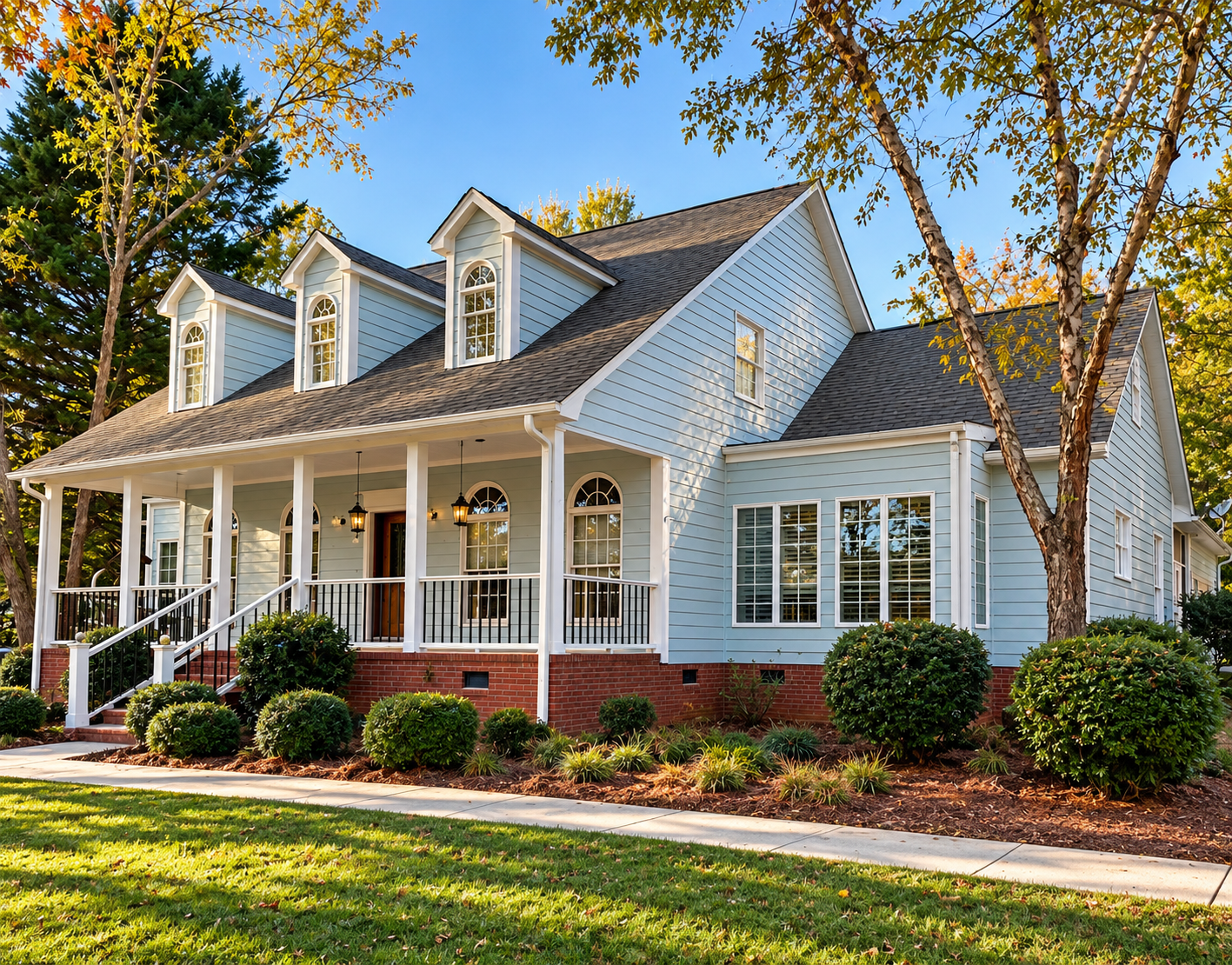 Light blue Cape Cod home with white trim and wraparound porch after exterior painting by Verdeja Painting