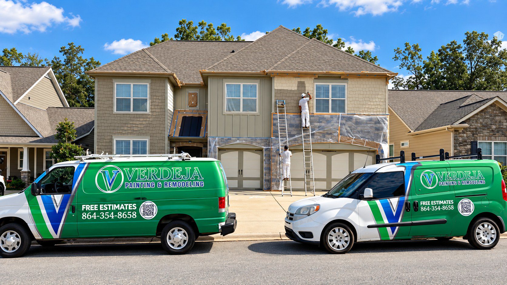 Verdeja Painting & Remodeling crew painting a home exterior with company vans in the driveway