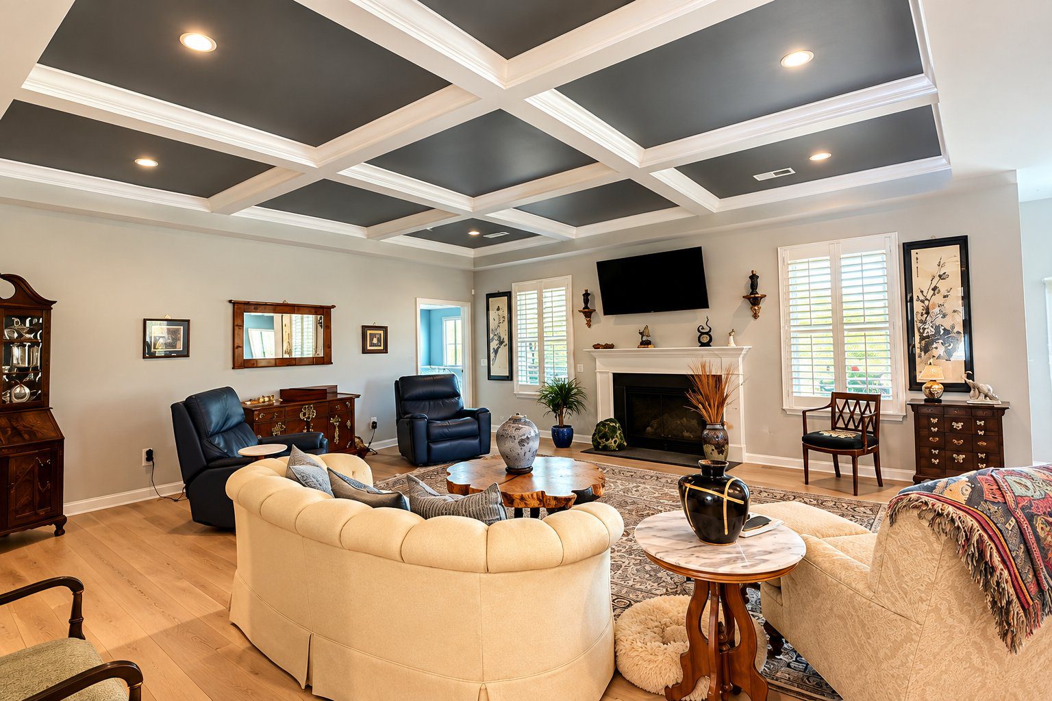 Living room coffered ceiling painted dark charcoal with white beams by Verdeja Painting