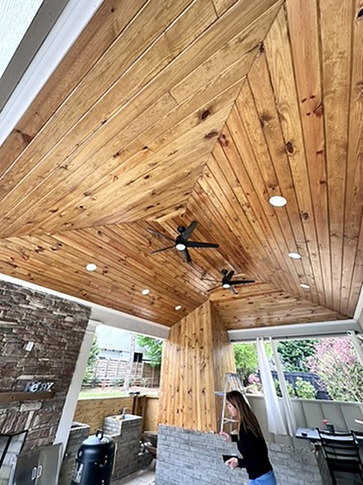 Stained tongue-and-groove wood porch ceiling by Verdeja Painting, Upstate SC