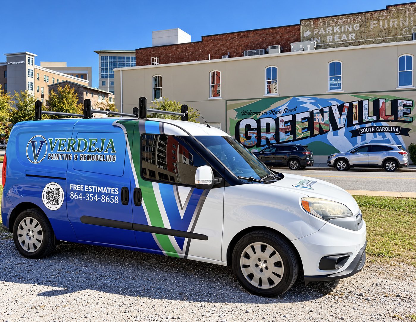 Verdeja Painting & Remodeling van parked by the Greenville SC Main Street mural